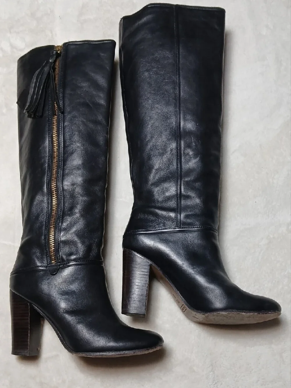 Coach Black Leather Mid-Calf Tassel Zip Boots Size 7.5